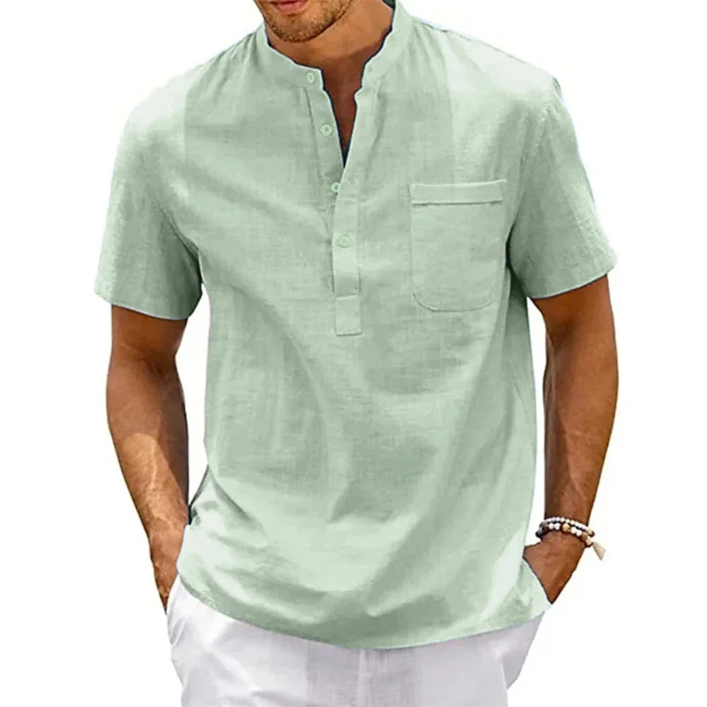 Chemise Homme King Billion - Col Henley Coton Lin Manches Courtes Été - Lencensa 