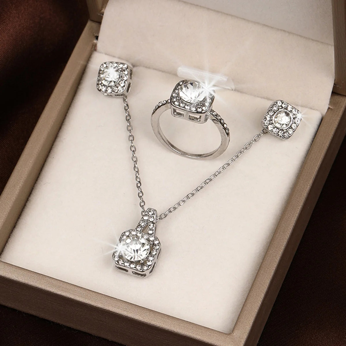 Collier et boucles d'oreilles en Zircon carré pour femmes, bijoux de luxe, de fiançailles, de mariage, brillants, cadeaux de fête, 3 pièces/ensemble