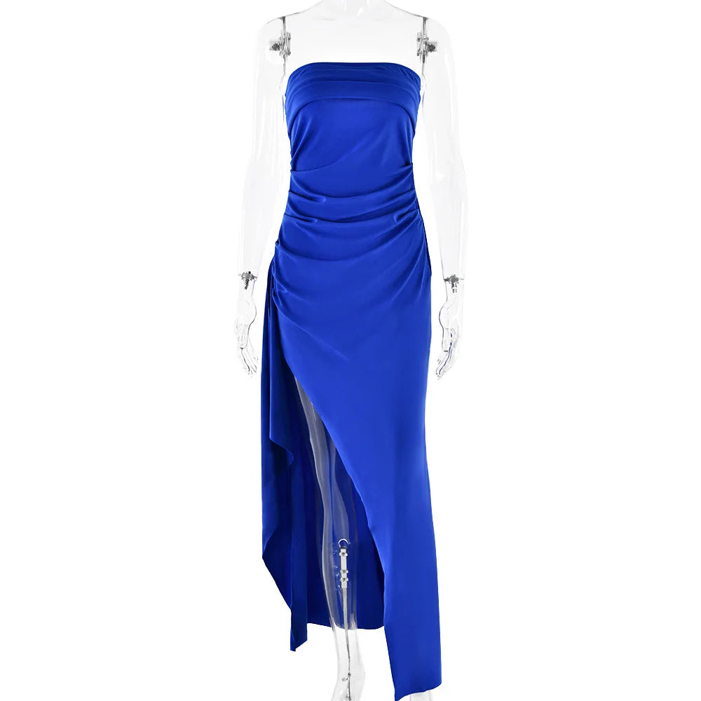 Robe Maxi fendue, épaules dénudées, élégante, taille haute, tenue de Club pour femmes, Sexy, sans bretelles, robe froncée