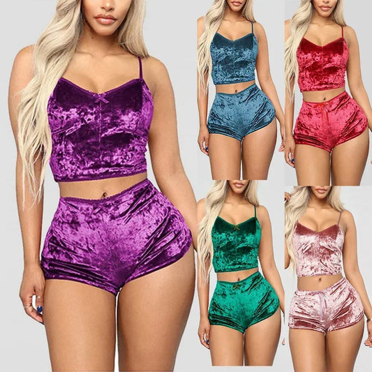 Sous-vêtements confortables en velours et Polyester pour femmes, camisole + short, ensemble pyjama, vêtements de maison, haut sans manches et short
