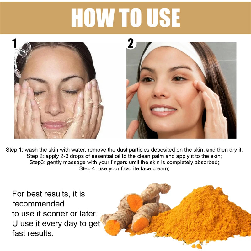 Sérum pour le visage au curcuma, rétrécit les pores, Essence réparatrice, mélanine, éclaircissant, hydratant, nourrissant, huile de cur-cumin, estompe les taches foncées, soins pour la peau
