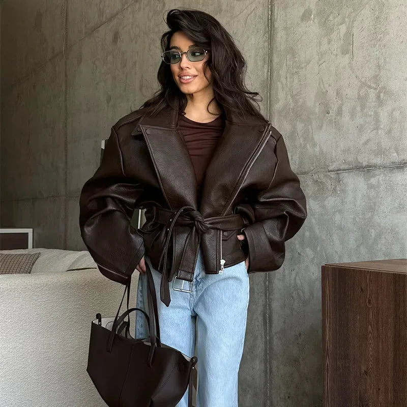 Veste Femme en Cuir Marron avec Ceinture - Style Motard Automne