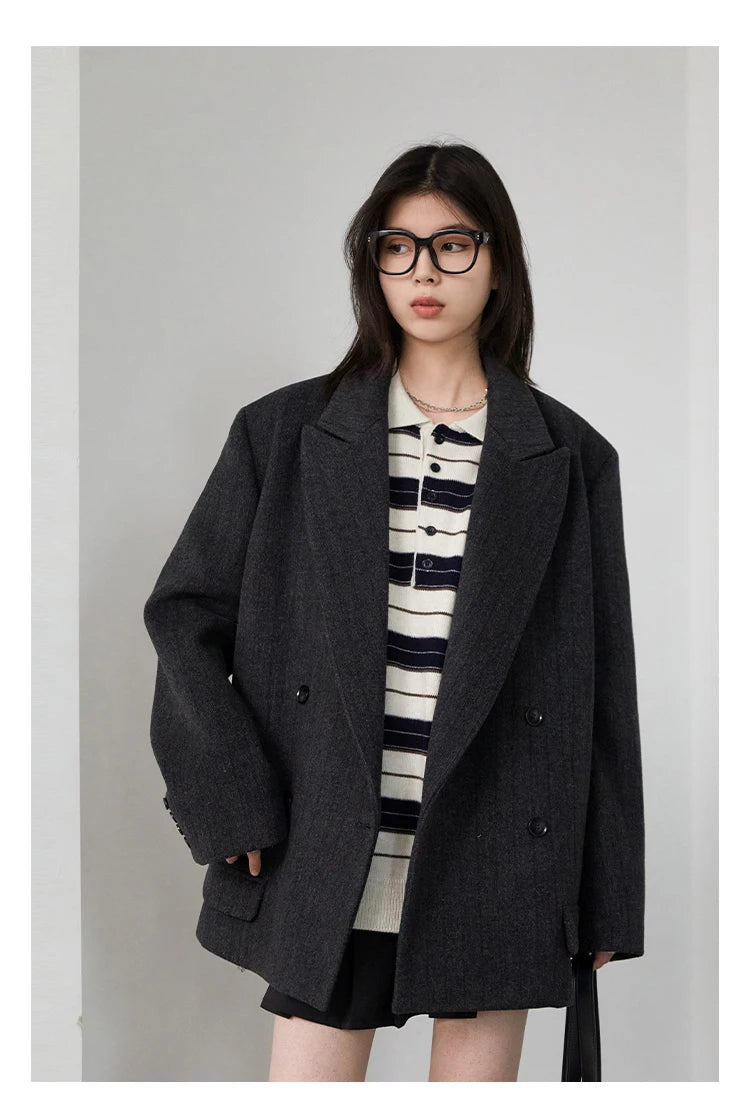 CHIC VEN-Blazer en laine vintage pour femme, veste à col en V, double boutonnage imbibé, manteau de bureau pour femme, printemps, automne, 2025 - Lencensa 