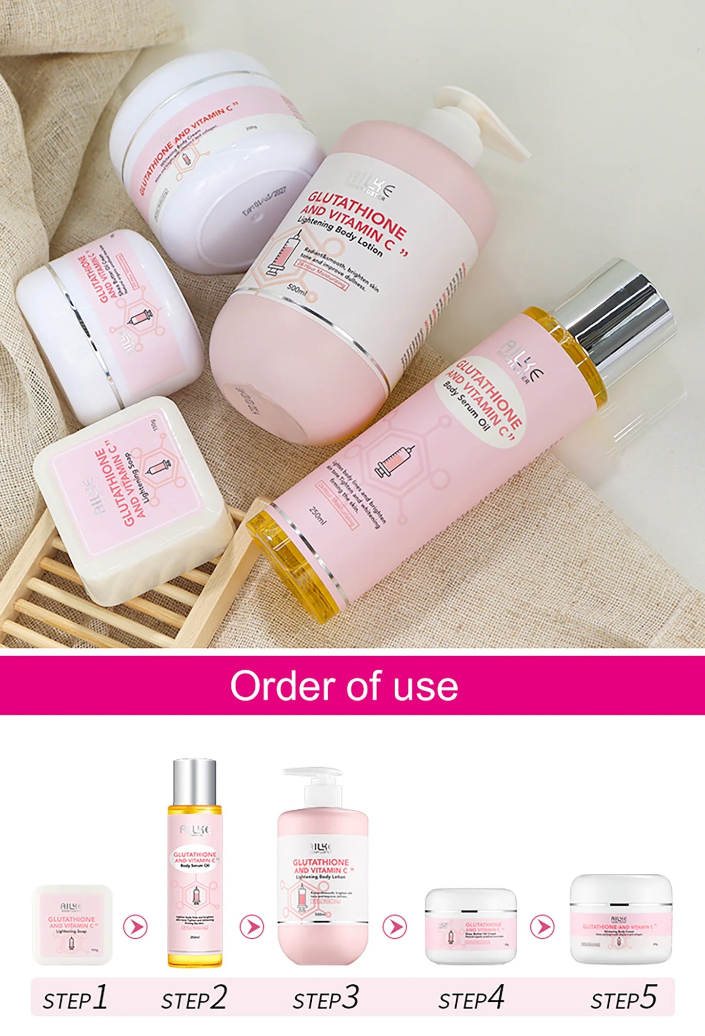 AILKE-Crème hydratante blanchissante pour le visage, élimine les taches noires, soins de la peau du visage, gratitude, corps, glutathion, vitamine C, peau noire, nouvel ensemble