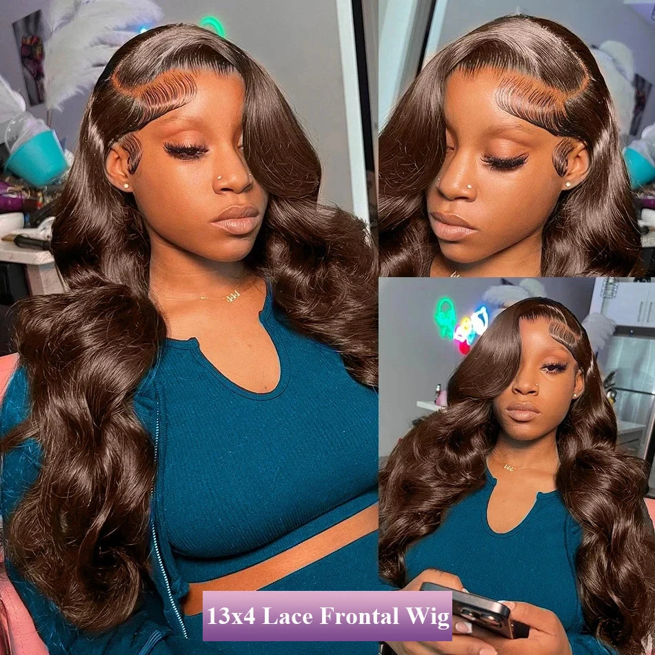 Perruque Lace Front Wig Body Wave brésilienne transparente HD, brun chocolat, brun foncé, 13x4, 28 ", 30", pre-plucked