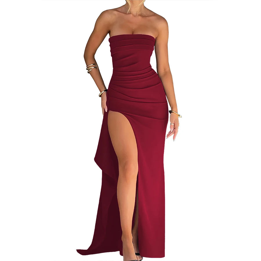 Robe d'été sexy bustier tubulaire fente haute dos nu à volants épaules dénudées sans manches mince élégant haut de gamme Club fête jupe longue robe de soirée robe de mariée