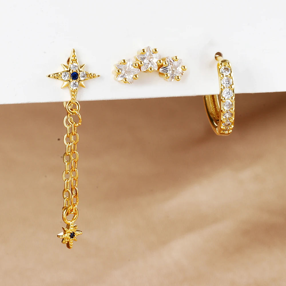3 pièces de luxe étoile pendentif Piercing boucles d'oreilles ensemble pour les femmes en acier inoxydable Zircon Punk clous d'oreille boucle d'oreille dame bijoux aretes