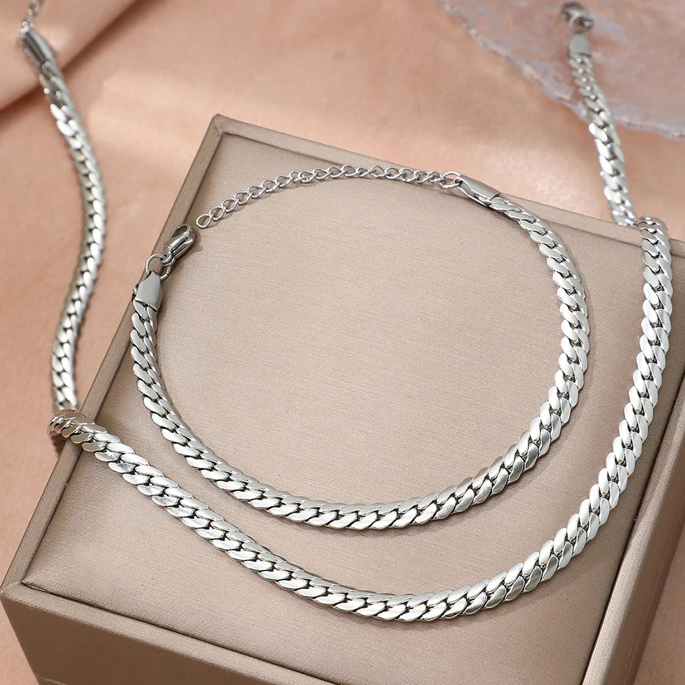 DOTIFI acier inoxydable Simple plat chaîne cubaine Bracelet collier ensemble de bijoux plaqué or 18 carats mode chaîne épaisse bijoux de mode