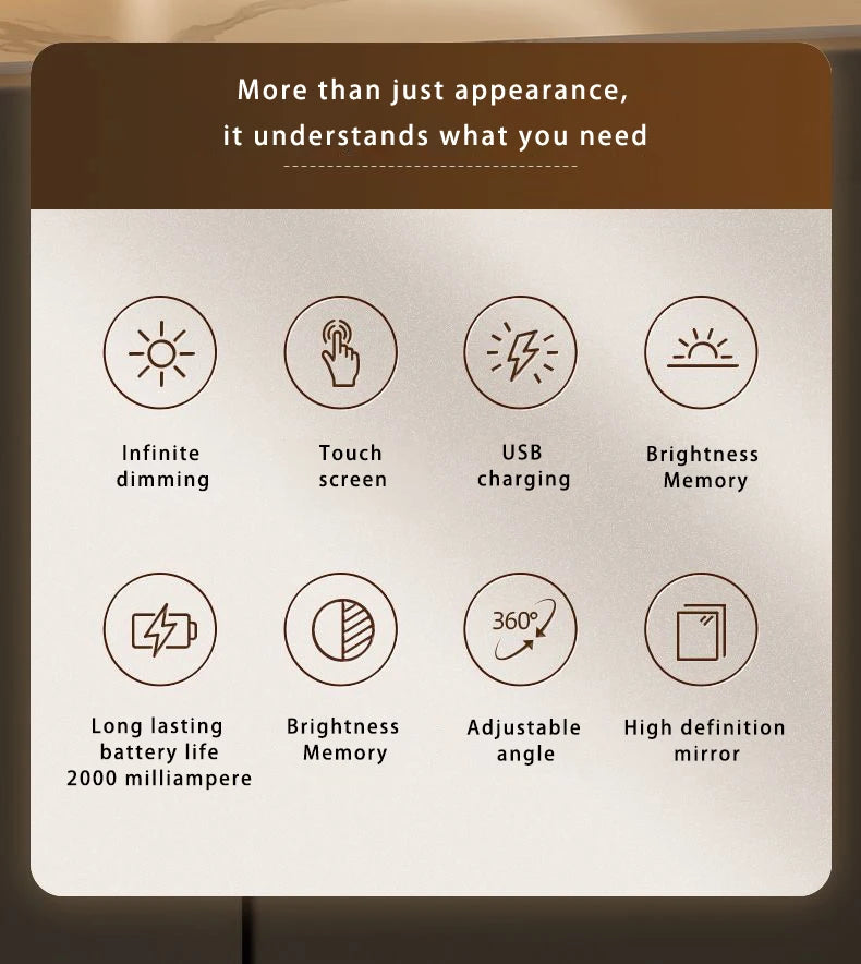 Miroir de maquillage portable, lumière de couleur réglable, lumière de maquillage, lampe de miroir sans fil, lampe de remplissage, Rotation rechargeable - Lencensa 