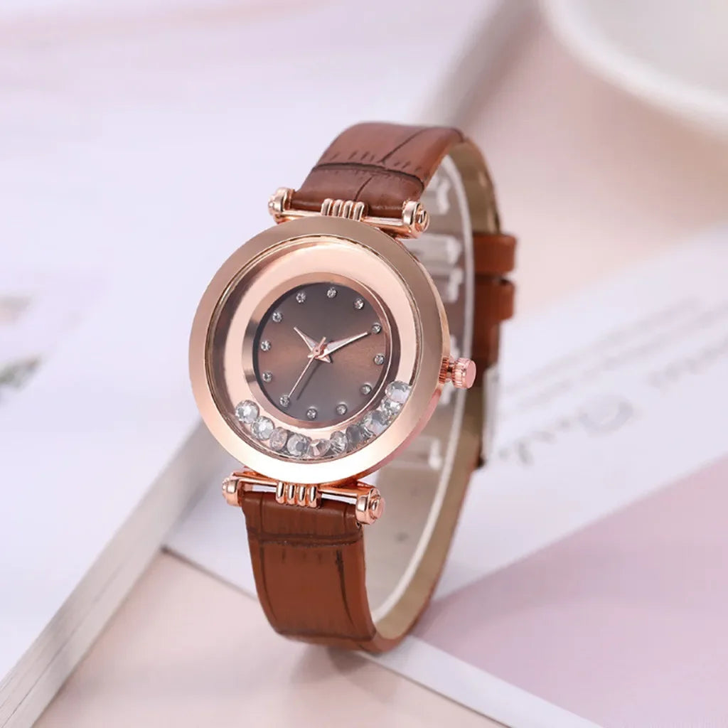 Montre à Quartz Analogique avec Ceinture en Cuir et Diamant pour Femme, Accessoire de Luxe