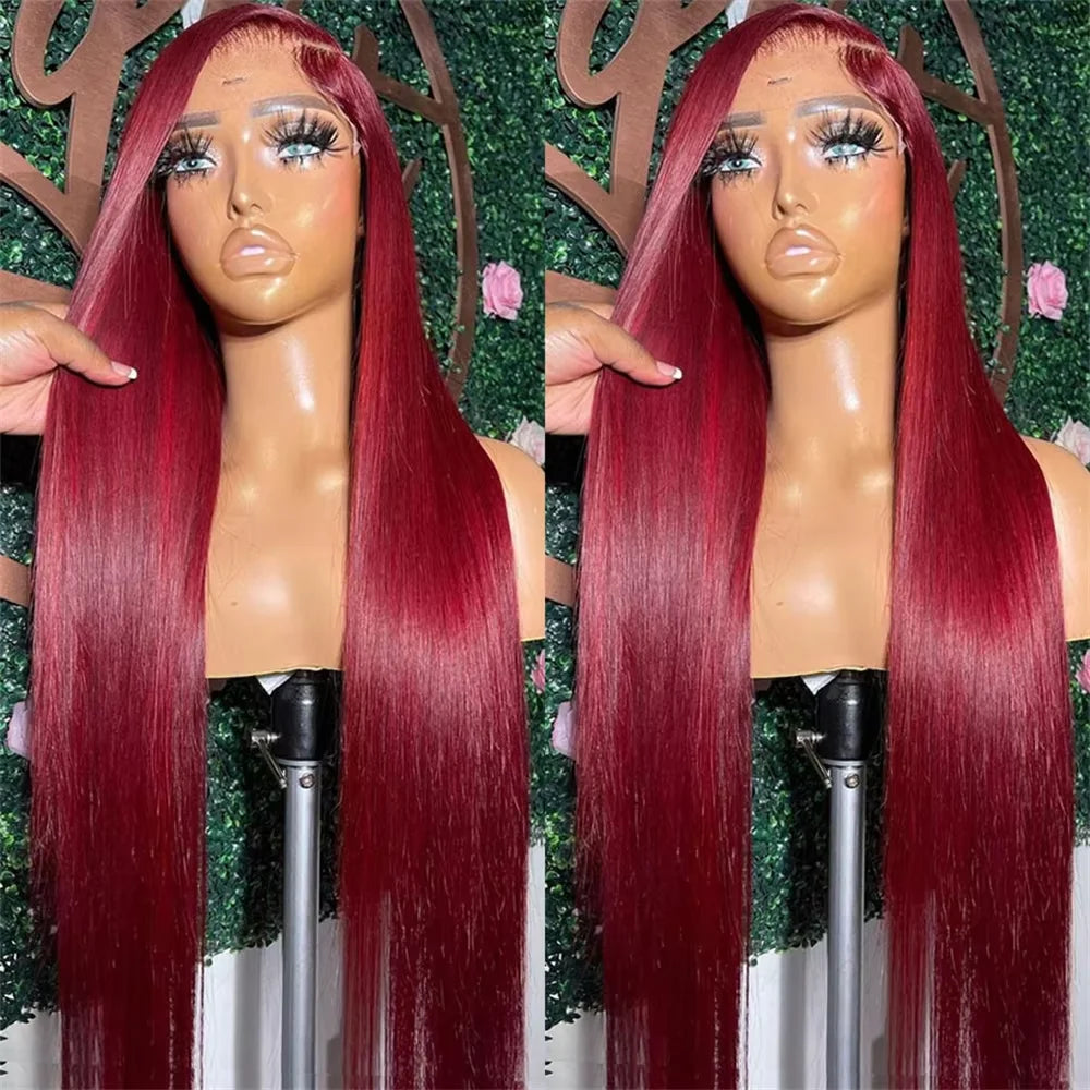 Perruque Lace Front Wig brésilienne naturelle, cheveux lisses, 13x6, 99J, 13x4, couleur rouge bordeaux, pre-plucked, 100%