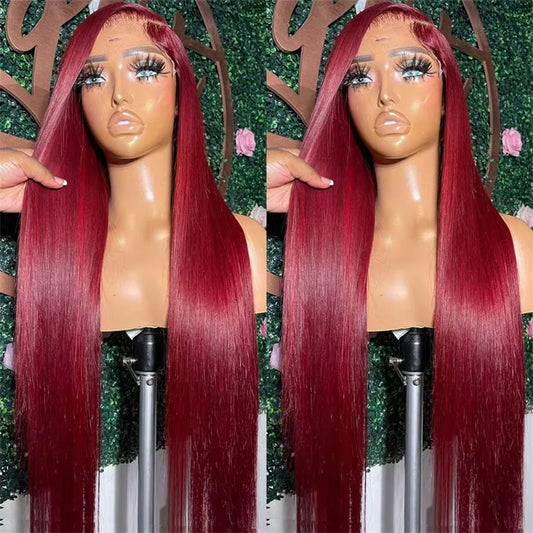 Perruque Lace Front Wig brésilienne naturelle, cheveux lisses, 13x6, 99J, 13x4, couleur rouge bordeaux, pre-plucked, 100%