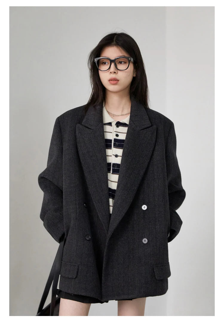 CHIC VEN-Blazer en laine vintage pour femme, veste à col en V, double boutonnage imbibé, manteau de bureau pour femme, printemps, automne, 2025 - Lencensa 