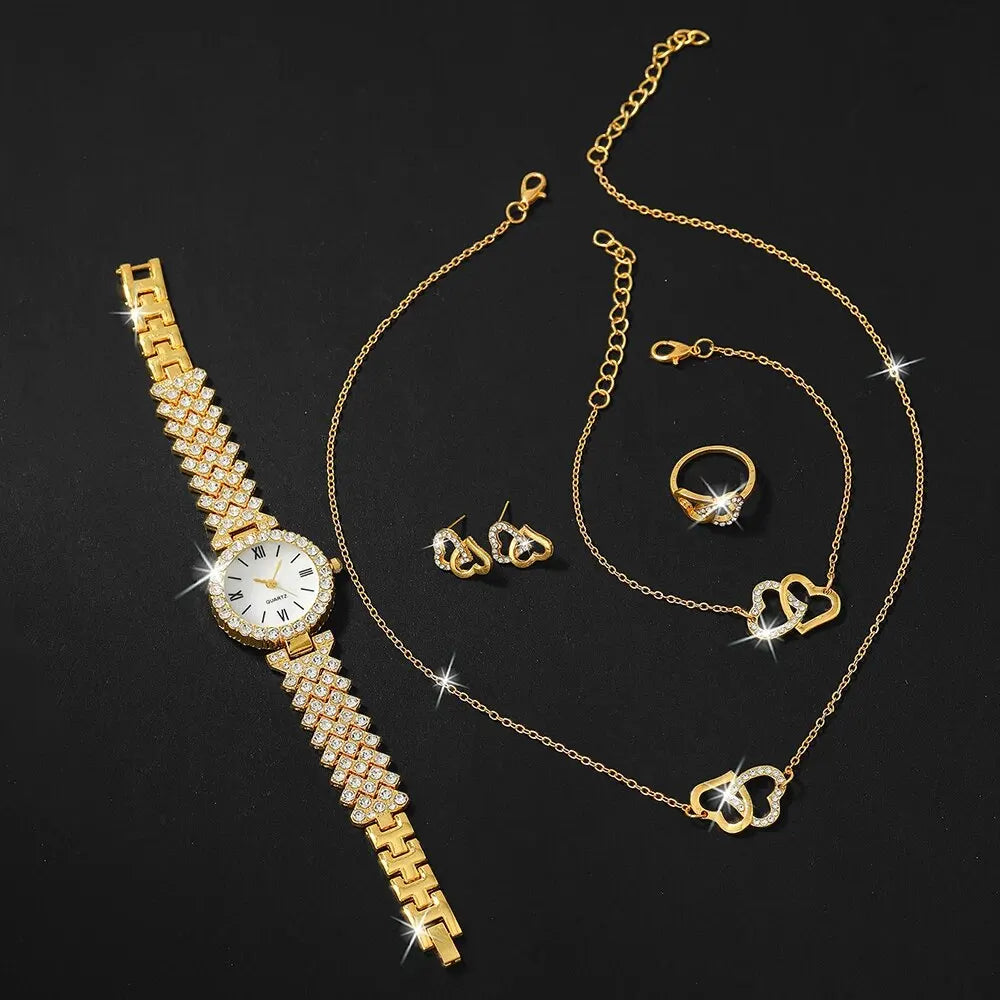 Ensemble de montre-bracelet à quartz pour femme, horloge pour femme, cadran romain, design de marque de luxe, décontracté, 6 pièces
