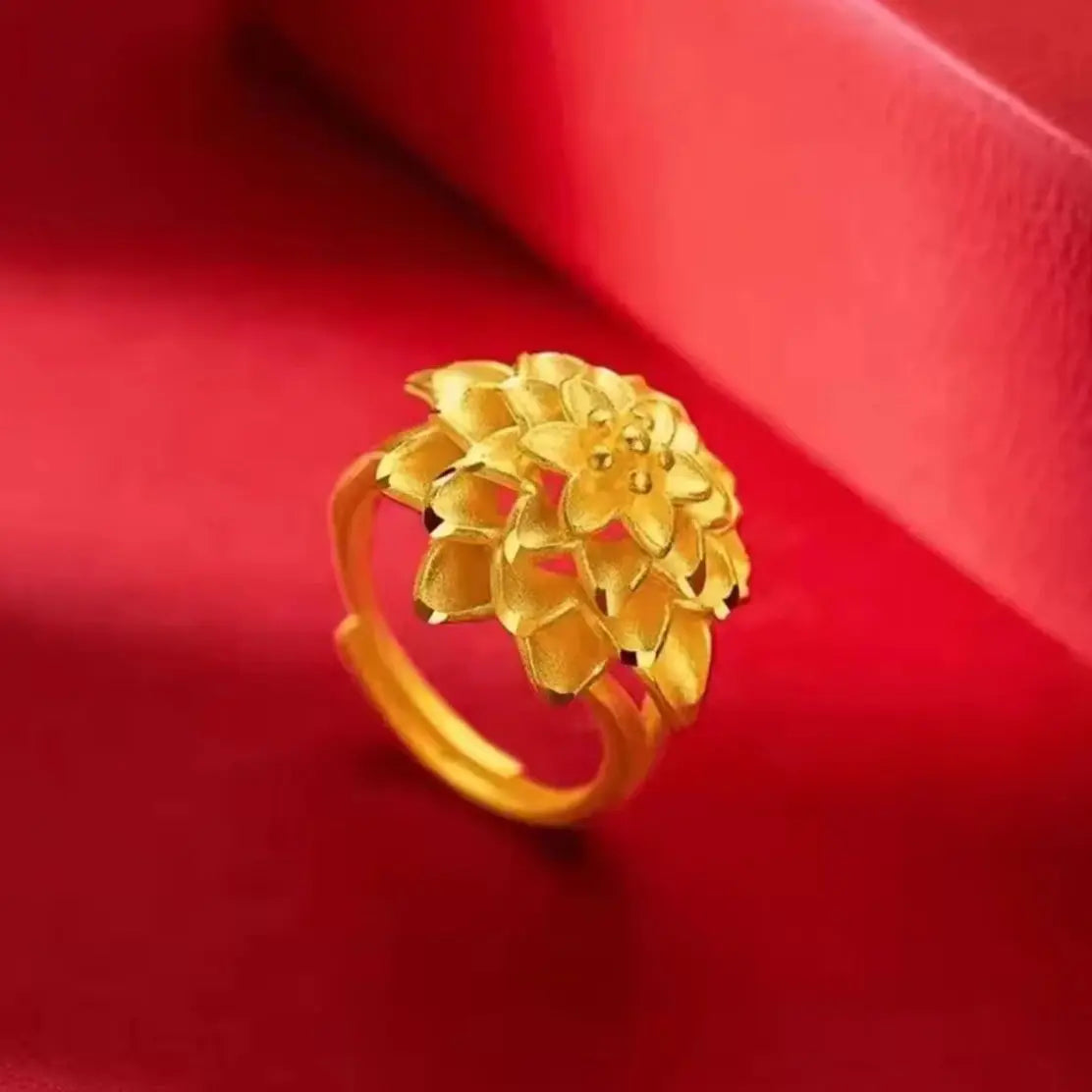 Bague Or 24K Réglable Femme - Fleur Pistolet Au999 Authentique