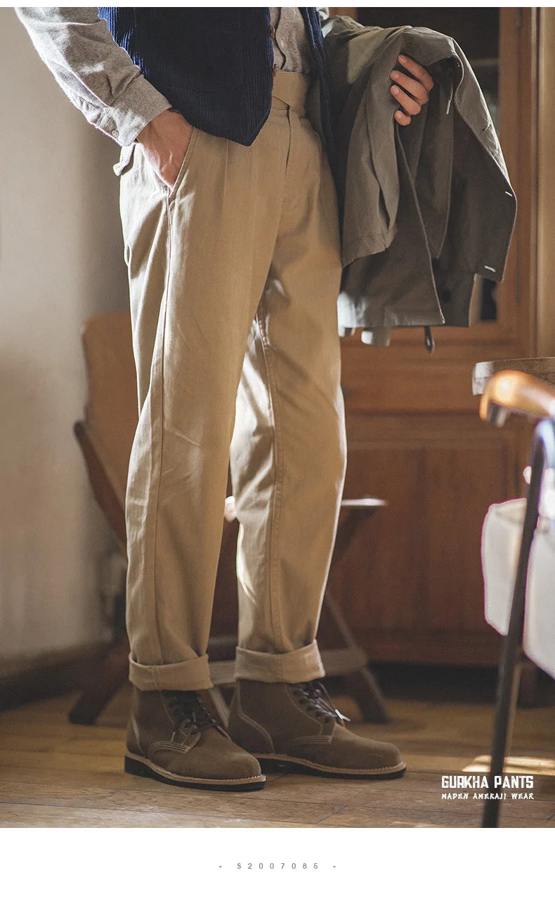 Pantalon Gurkha Homme MADEN - Cargo Vintage Coton Taille Haute Kaki - Lencensa 