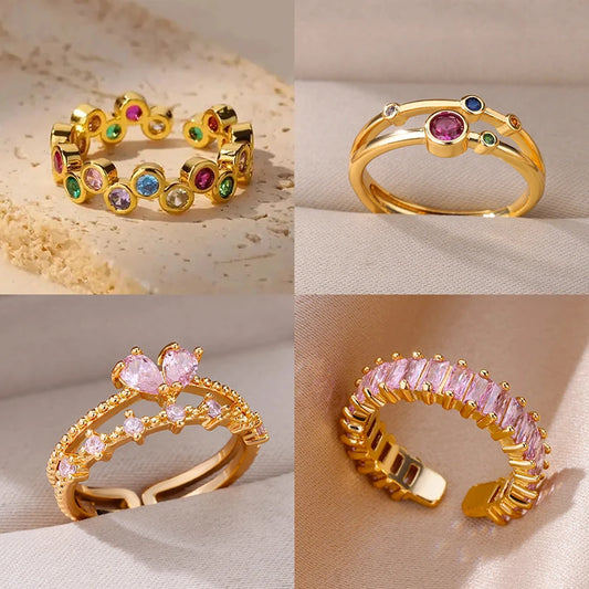 Bague Zircon Dorée Acier Inoxydable - Style Y2K Tendance 2025