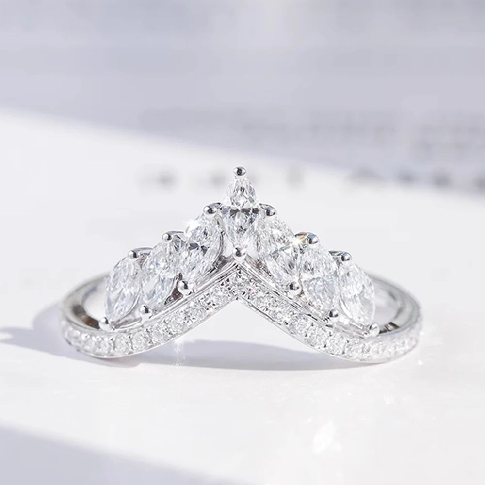 Bague Fiançailles V Or Blanc 18K - Marquise Zircone Empilable
