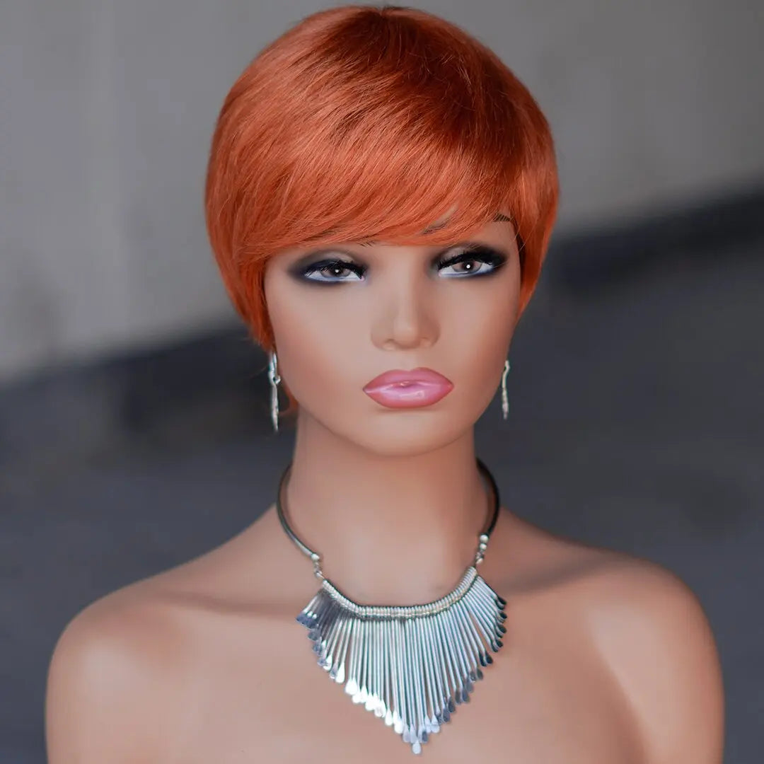 Perruque Naturelle Courte avec Frange pour Femme Noire, Cheveux Lisses, Coupe Pixie, Faite à la Machine, Bon Marché