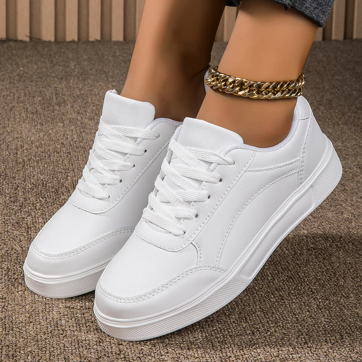 Espadrilles Femme Plateforme - Baskets Décontractées en Cuir
