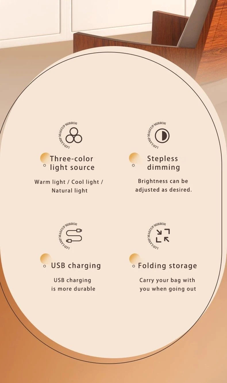 Miroir de maquillage portable, lumière de couleur réglable, lumière de maquillage, lampe de miroir sans fil, lampe de remplissage, Rotation rechargeable - Lencensa 