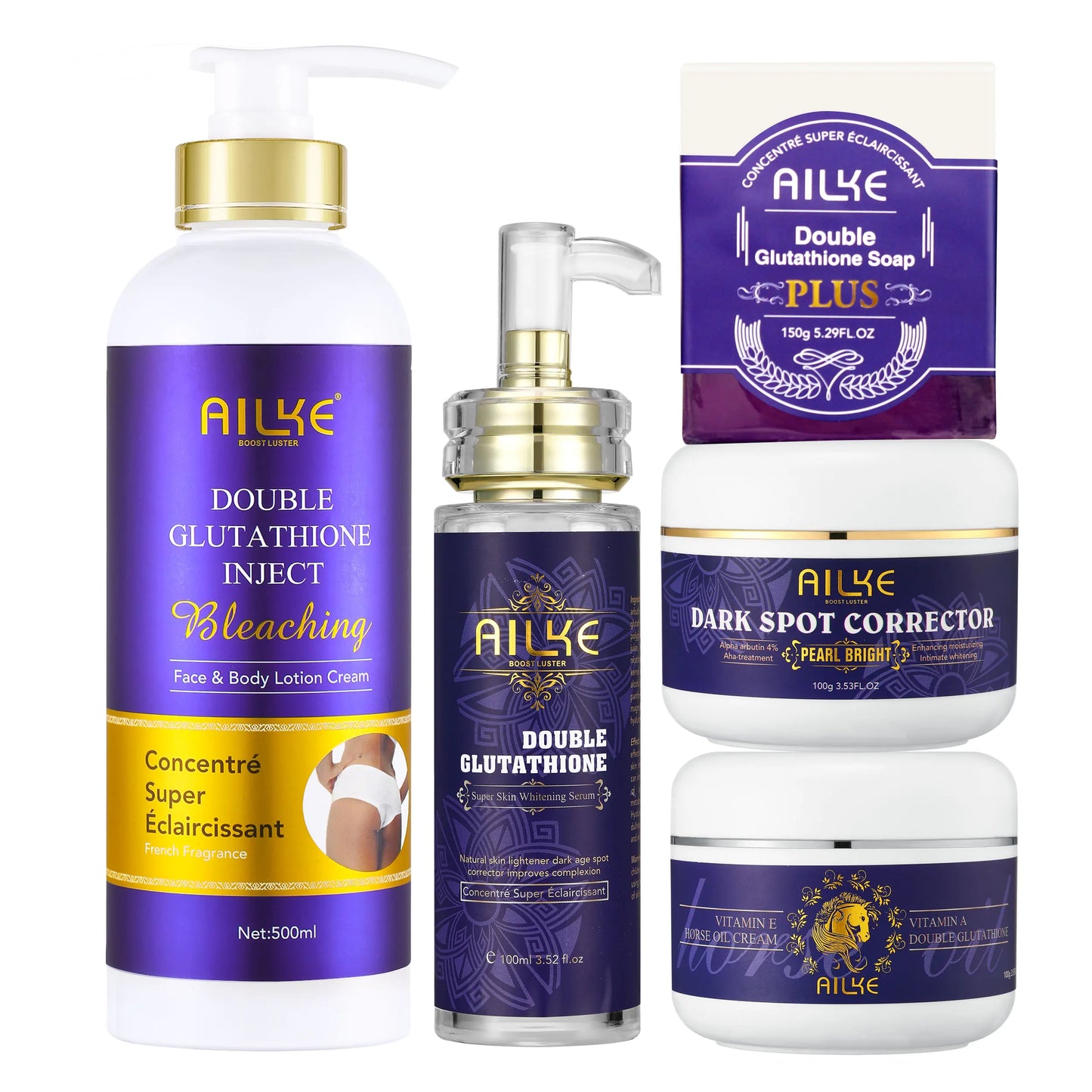 AILKE – ensemble de soins pour la peau blanchissant, éclaircissant, avec double glutathion, réduit les taches noires, foncées et blanches, pour tous les Types de peau