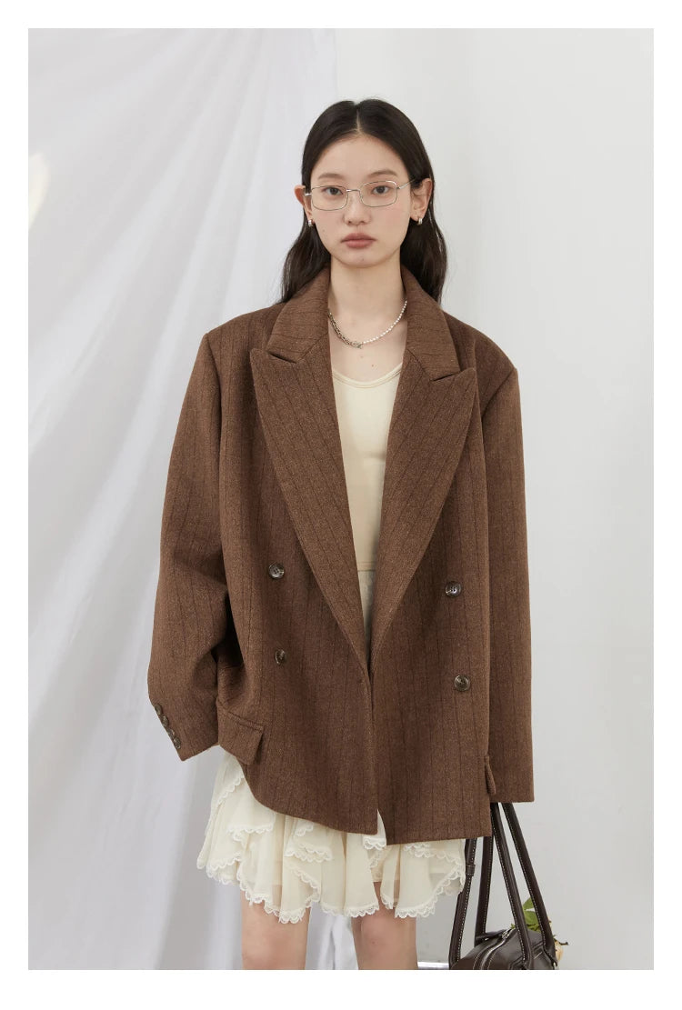 CHIC VEN-Blazer en laine vintage pour femme, veste à col en V, double boutonnage imbibé, manteau de bureau pour femme, printemps, automne, 2025 - Lencensa 