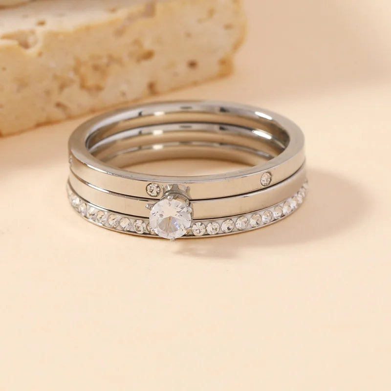 Bague de luxe en acier inoxydable pour femmes, ensemble de trois pièces en Zircon, accessoire de doigt classique à la mode, bijoux cadeaux féminins