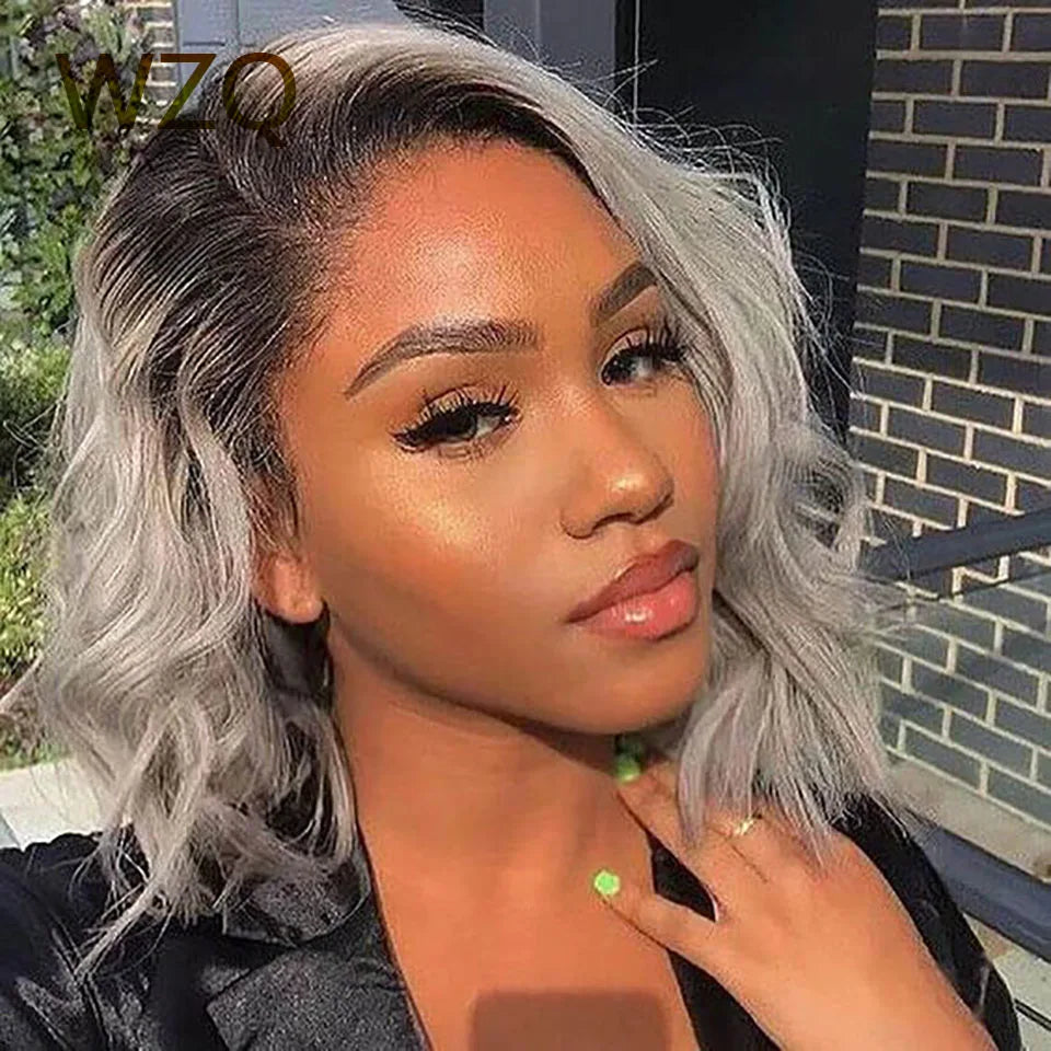 Perruque Bob Lace Front Wig naturelle brésilienne ondulée, cheveux courts, gris ombré 1B, 13x4, transparente HD, pour femmes
