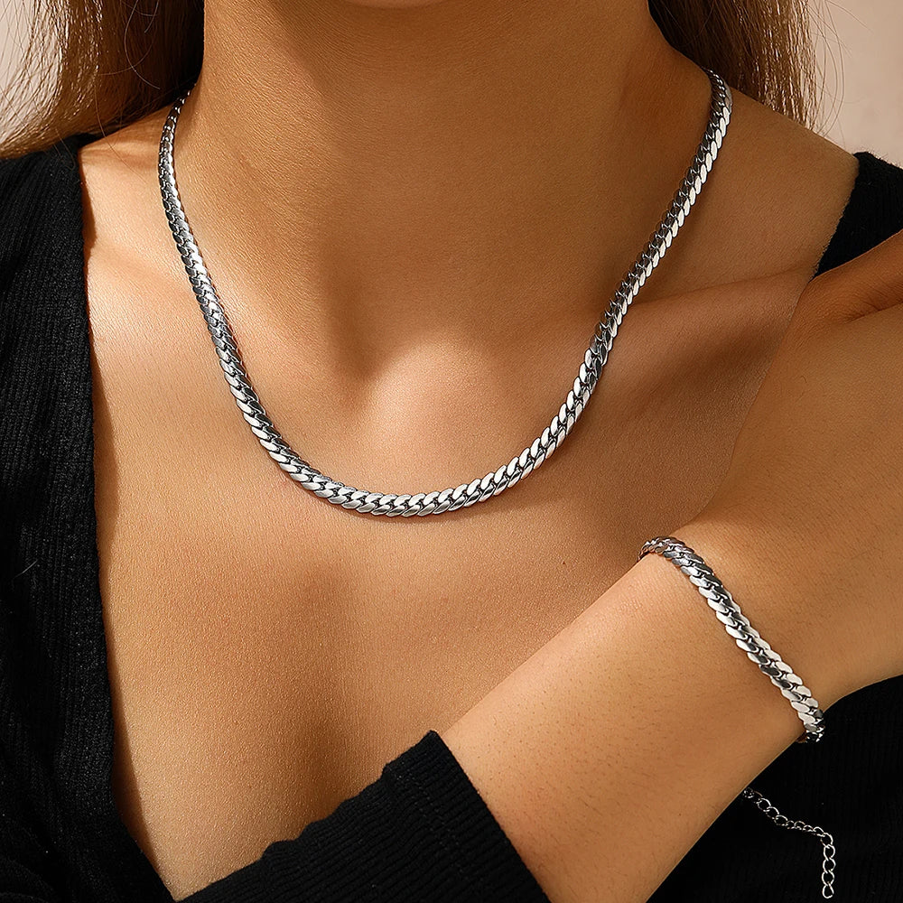 DOTIFI acier inoxydable Simple plat chaîne cubaine Bracelet collier ensemble de bijoux plaqué or 18 carats mode chaîne épaisse bijoux de mode