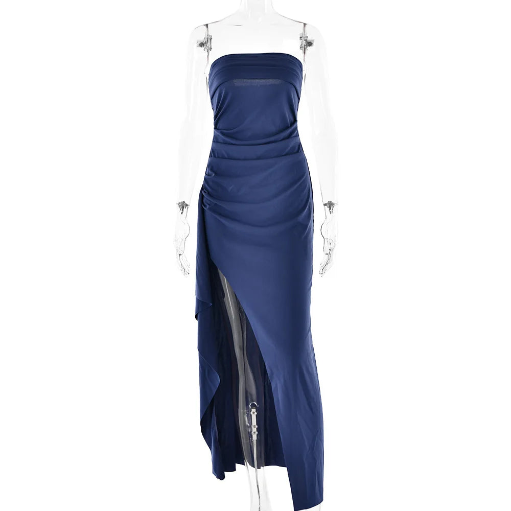 Robe Maxi fendue, épaules dénudées, élégante, taille haute, tenue de Club pour femmes, Sexy, sans bretelles, robe froncée