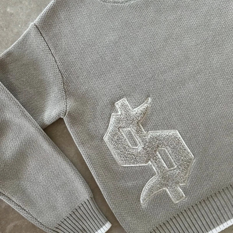 Y2K col rond gris tricoté pull nouveau modèle de symbole populaire rétro Harajuku pull automne hiver chaud Boxy vêtements pour hommes - Lencensa 