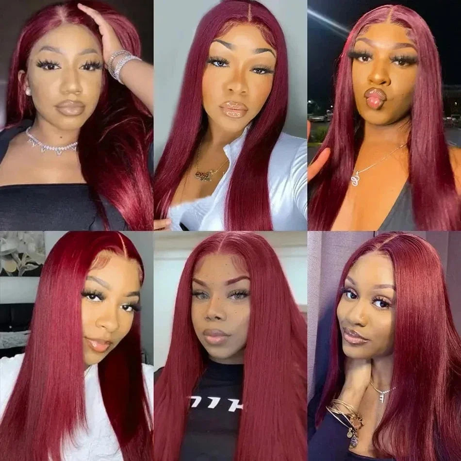 Perruque Lace Front Wig brésilienne naturelle, cheveux lisses, 13x6, 99J, 13x4, couleur rouge bordeaux, pre-plucked, 100%