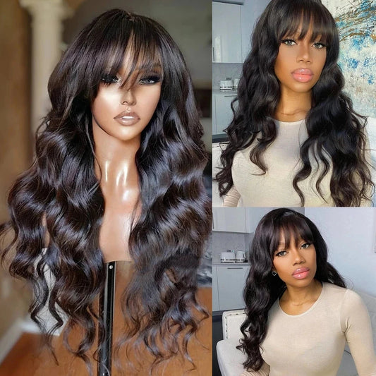 Perruque brésilienne Body Wave avec frange pour femme, perruques de cheveux humains, fabriquée à la machine, document naturel, 100%