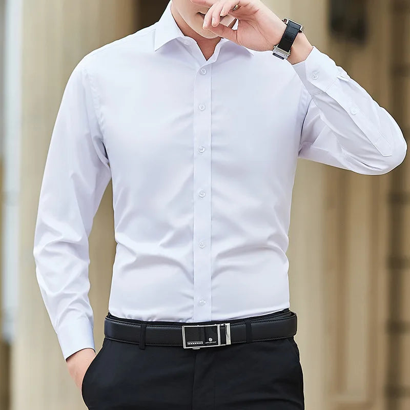 Chemise d'affaires à manches longues pour hommes, grande taille, couleur unie, mode classique, basique, décontractée, Slim, blanche, vêtements de marque, nouvelle collection - Lencensa 