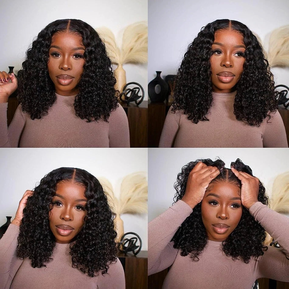 Perruque 8 à 16 pouces vague d'eau Bob perruques cheveux humains porter et Go sans colle 13X4 HD dentelle transparente brésilienne profonde bouclée Bob perruques