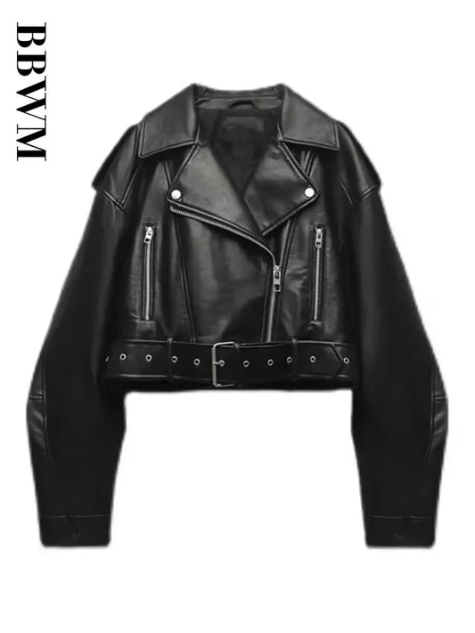 Veste Courte Femme en Similicuir avec Ceinture - Style Motard Vintage