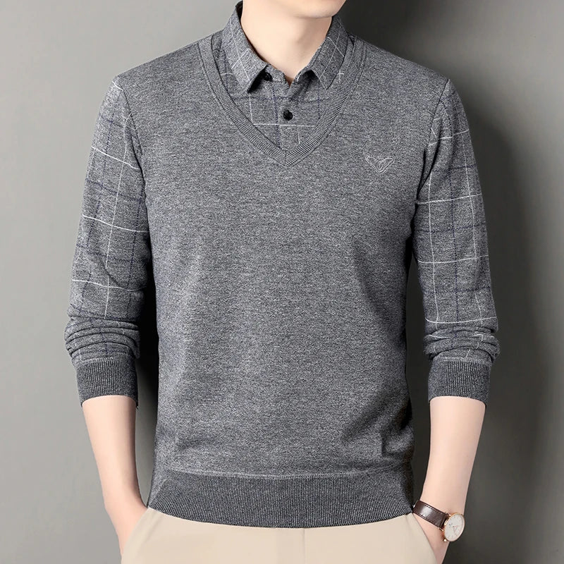 Pull d'hiver en polaire pour hommes, col Polo, coupe cintrée, élégant, marque de luxe, faux deux pièces, pulls tricotés - Lencensa 