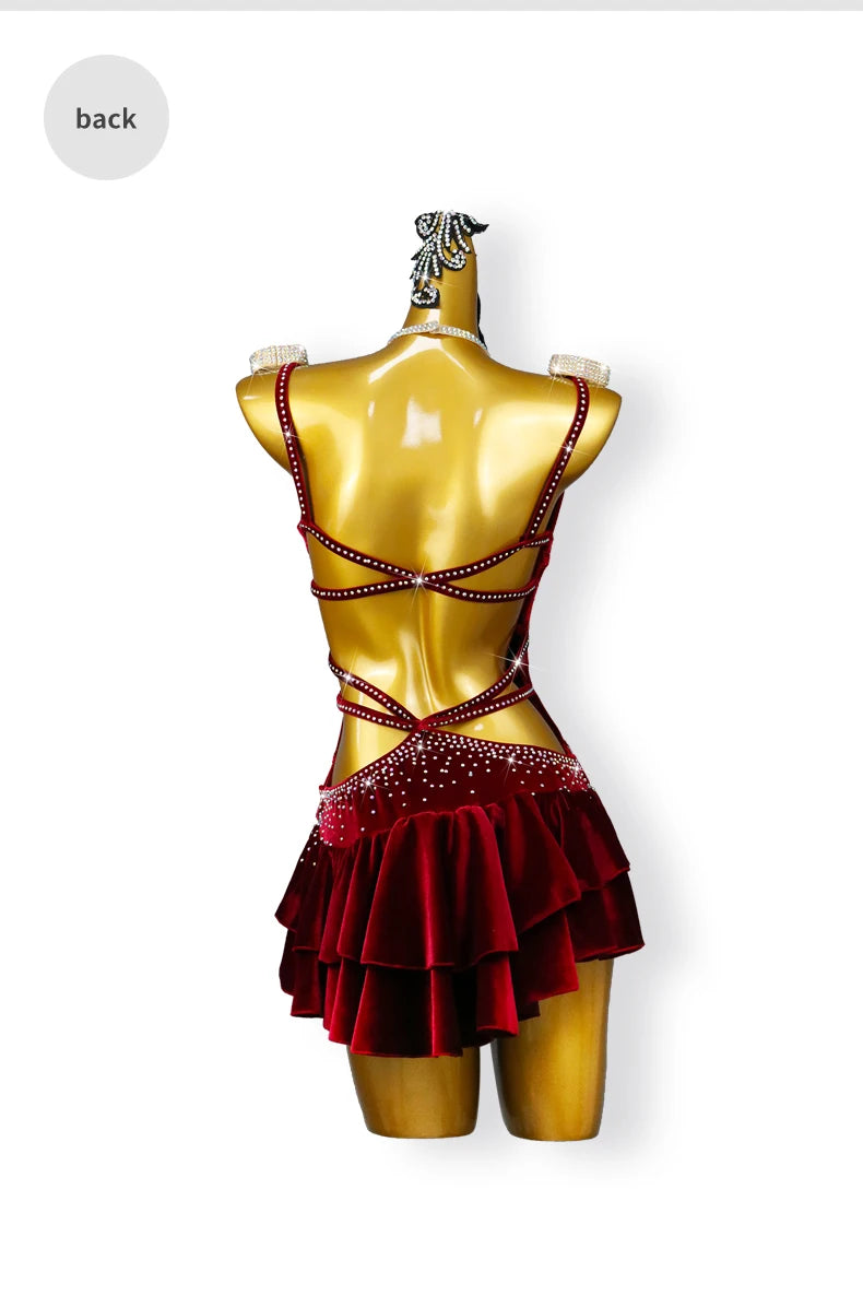 Robe de Danse Latine Velours - Costume Cha-Cha Sexy Femme