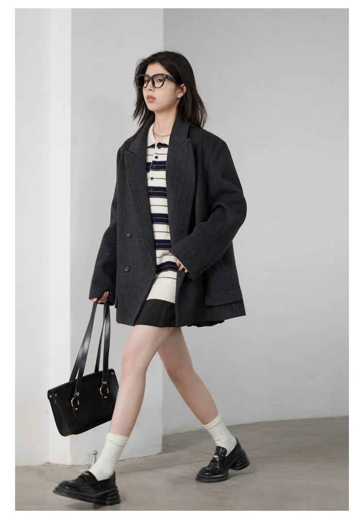 CHIC VEN-Blazer en laine vintage pour femme, veste à col en V, double boutonnage imbibé, manteau de bureau pour femme, printemps, automne, 2025 - Lencensa 