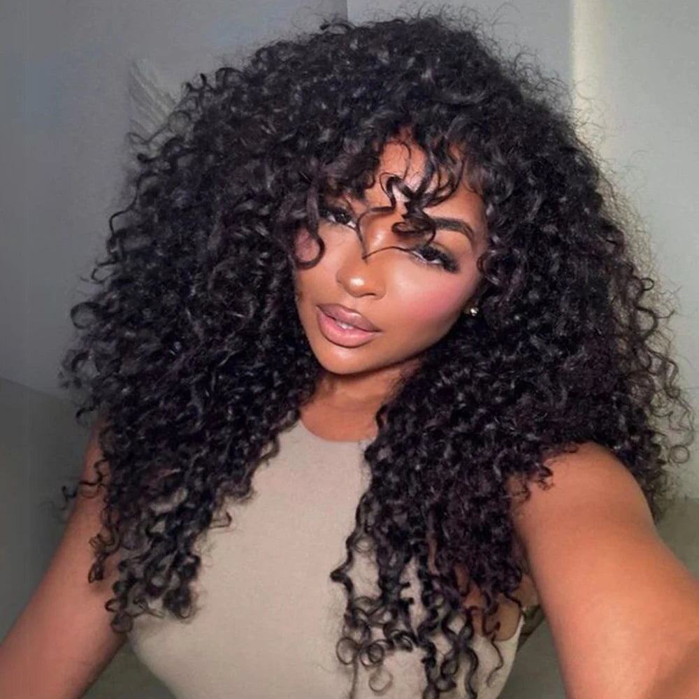 Perruque Brésilienne Ondulée avec Frange pour Femme Noire, Cheveux Naturels Bouclés, Bon Marché, 12A, en Promotion
