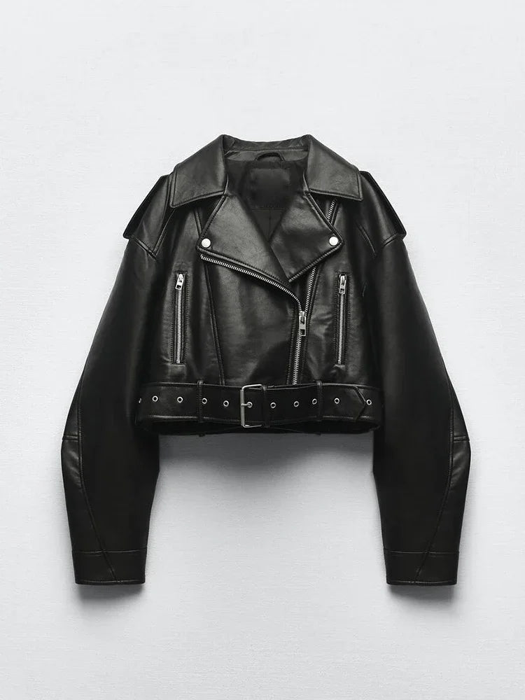 Veste Courte Femme en Similicuir avec Ceinture - Style Motard Vintage