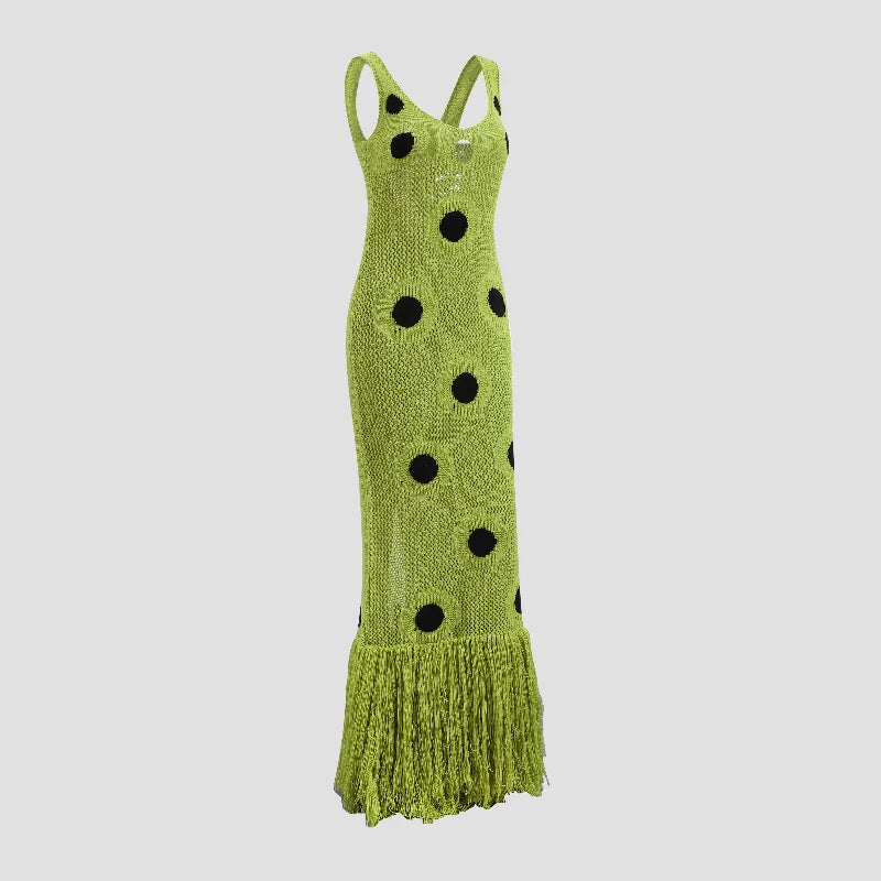 Femmes Sexy voir à travers tricoté Maxi robe évider col profond Pot Robes gland ourlet fourchette fête robes 2025 nouvelle dame Club robe