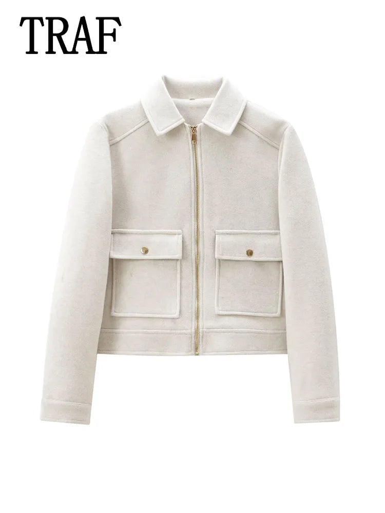Veste à fermeture éclair pour femme, manteau d'hiver à manches longues avec poches, manteau court de rue élégant pour femme, nouvelle collection - Lencensa 