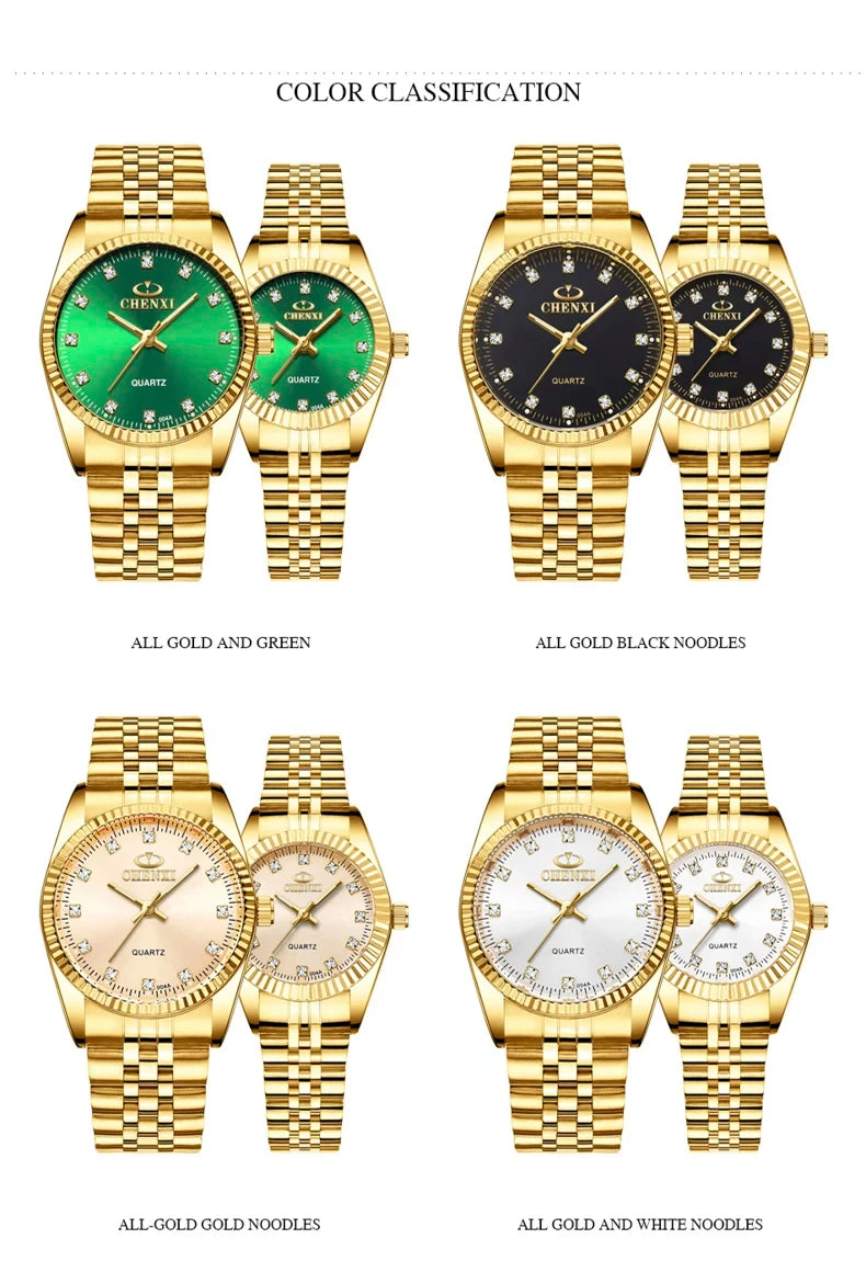 CHENghts-Montre de couple à quartz en acier inoxydable doré pour femme, horloge de luxe