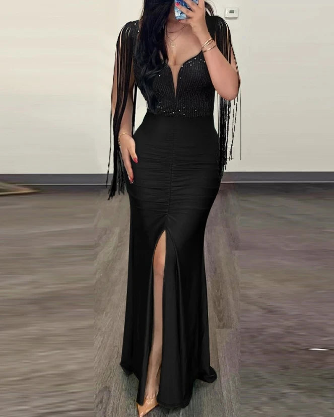 Robe de Soirée Élégante à Épaules Dénudées - Strass et Fente Latérale