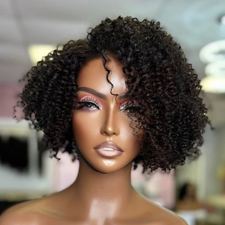 Perruque Bob Lace Wig Péruvienne Naturelle pour Femme Africaine, Cheveux Crépus Bouclés, Deep Curly, Baby Hair, Pixie Water Wave