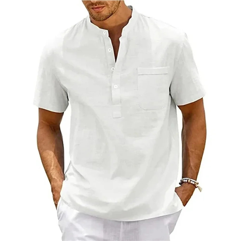 Chemise Homme King Billion - Col Henley Coton Lin Manches Courtes Été - Lencensa 