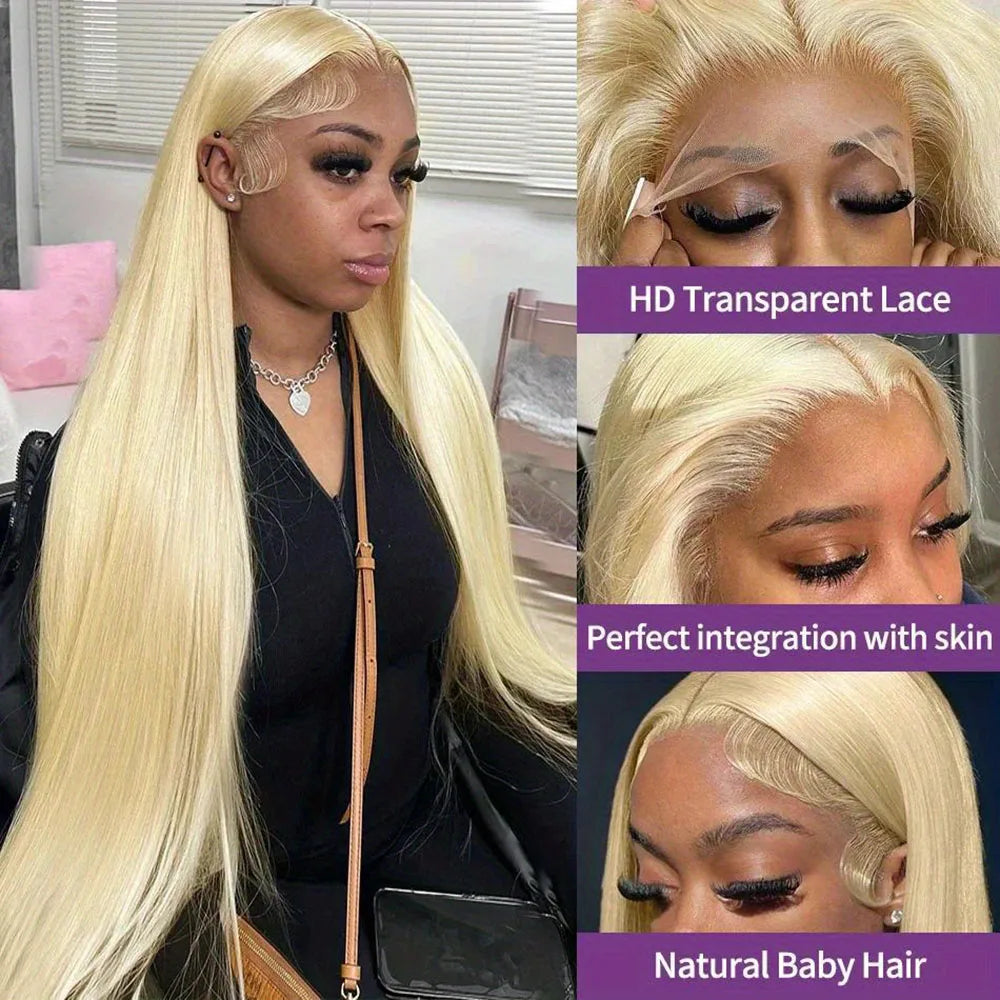 Perruque Lace Frontal Wig 100% naturelle brésilienne, cheveux lisses, blond 613, 13x4, 13x6, HD, transparente, pre-plucked, pour femmes