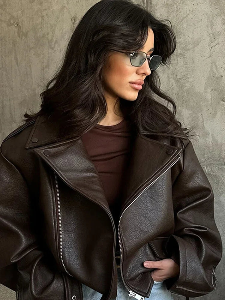Veste Femme en Cuir Marron avec Ceinture - Style Motard Automne